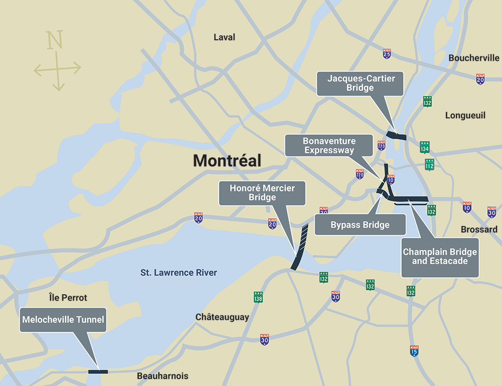 Map showing locations of the corporation’s infrastructures in the Greater Montréal area