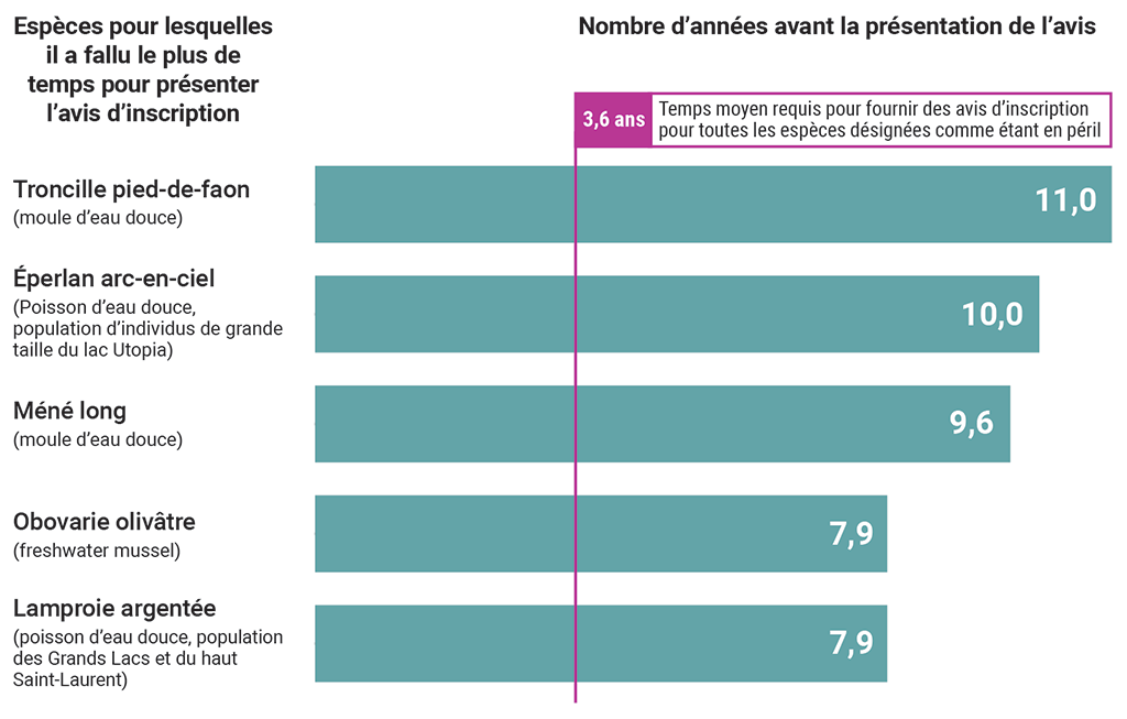 Graphique présentant le nombre d’années écoulées avant que l’avis d’inscription ne soit présenté pour les espèces dont il a fallu le plus de temps pour le faire