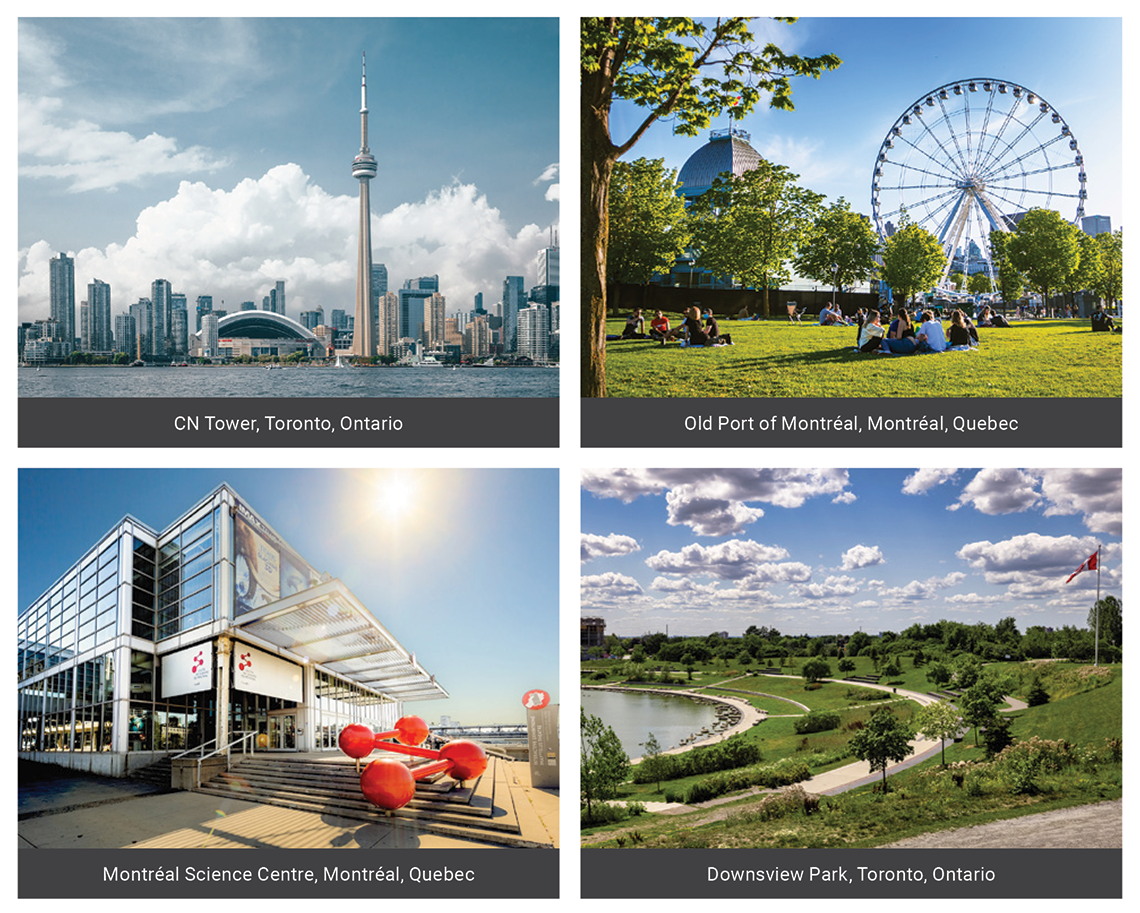 Collage of attractions in Toronto and Montréal