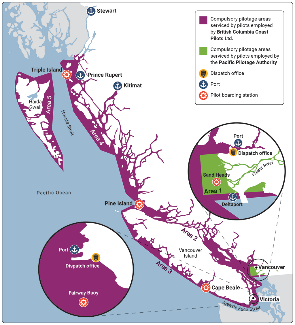 Map of the Pacific Coast from Stewart to Victoria showing the compulsory pilotage areas