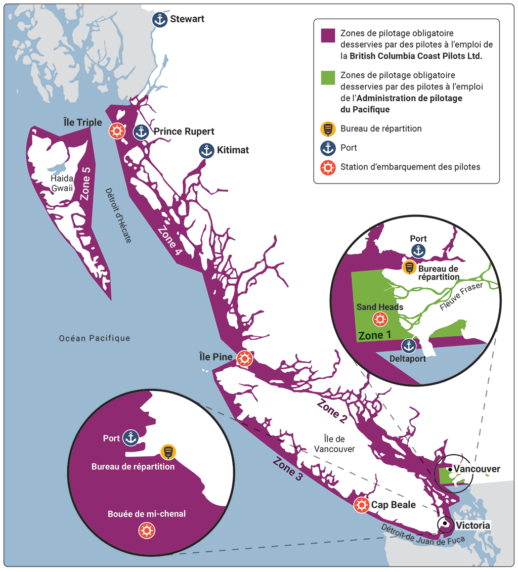 Carte de la côte du Pacifique, de Stewart à Victoria, qui montre les zones de pilotage obligatoire