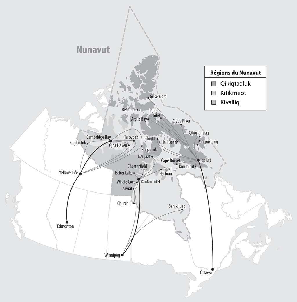 Carte du Canada montrant les liaisons aériennes entre les collectivités du Nunavut et les endroits où peuvent être transportés les Nunavummiuts ayant besoin de soins.