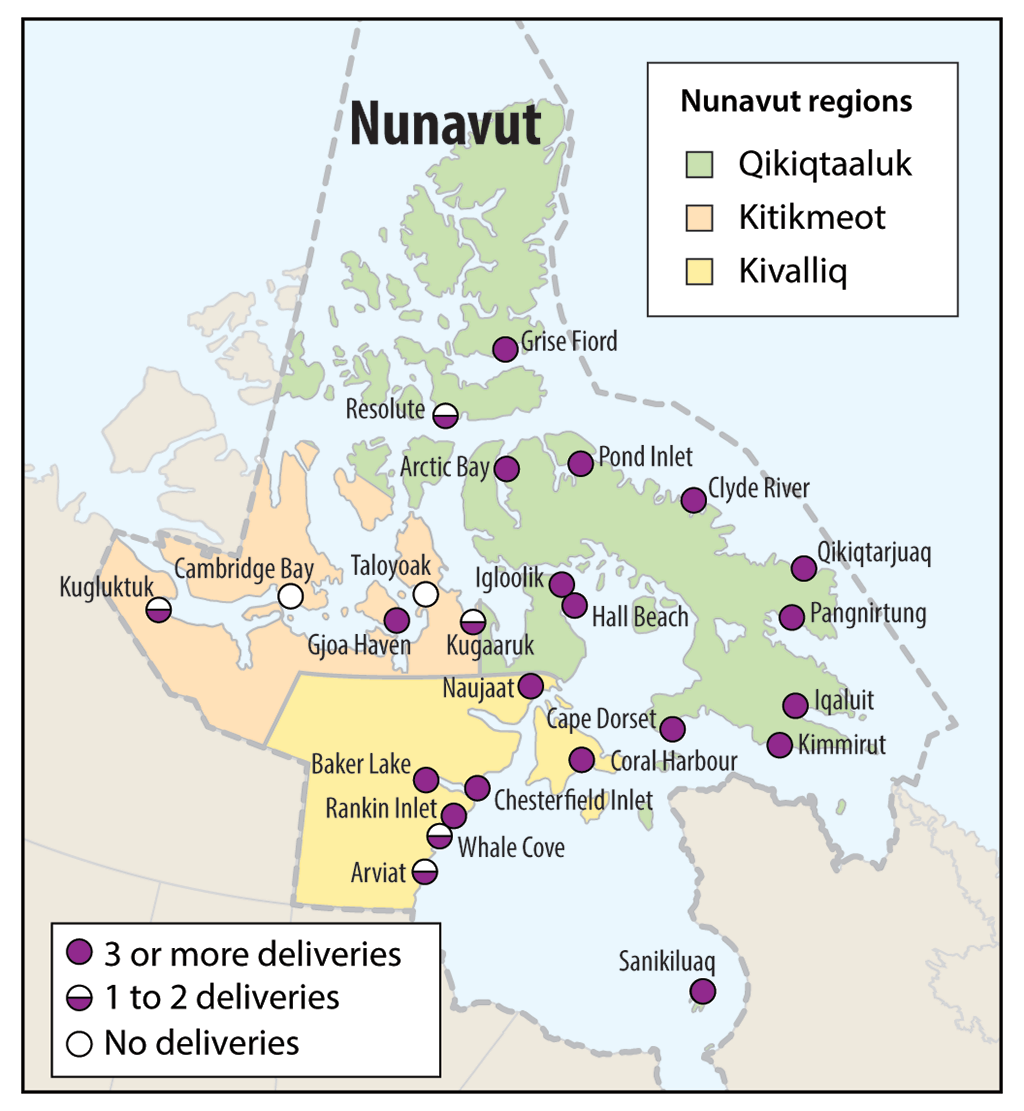 Map showing how many times the Adult Basic Education–Essential Skills program was offered in 25 Nunavut communities over 5 school years