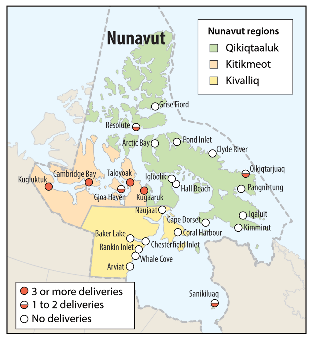 Map showing how many times the core Adult Basic Education program was offered in 25 Nunavut communities over 5 school years