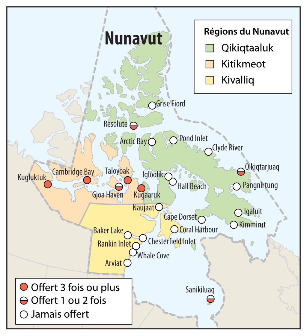 Carte montrant combien de fois le programme d’éducation de base des adultes — Compétences fondamentales a été offert dans 25 collectivités du Nunavut au cours de 5 années scolaires