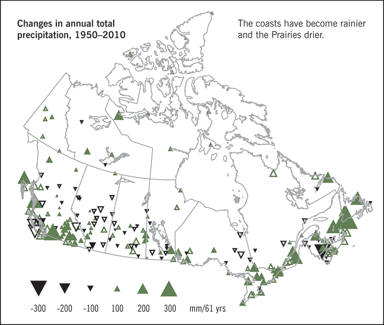 Map of Canada showing changes in average annual total precipitation from 1950 to 2010