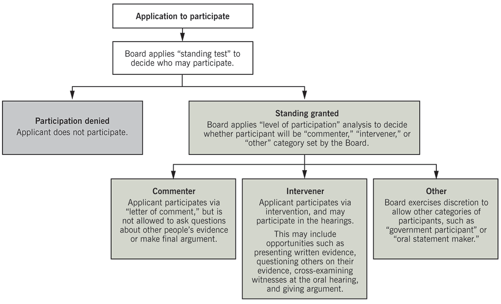 Flow chart showing how the National Energy Board decides who participates in an environmental assessment process and in what manner