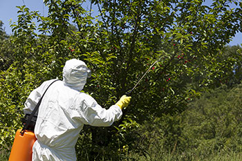 Photo d’une personne qui porte un équipement de protection pendant l’application d’un pesticide