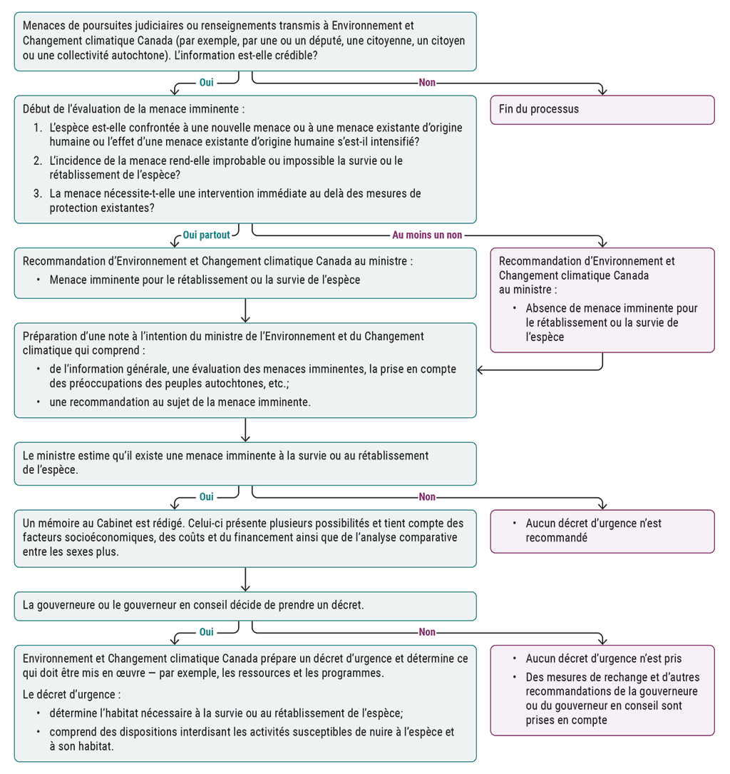 Diagramme d’acheminement montrant le processus d’Environnement et Changement climatique Canada pour recourir aux dispositions relatives aux décrets d’urgence au titre de l’article 80 de la Loi sur les espèces en péril