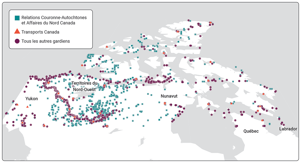 Carte indiquant l’emplacement de tous les sites contaminés gérés par le gouvernement fédéral dans le Nord du Canada