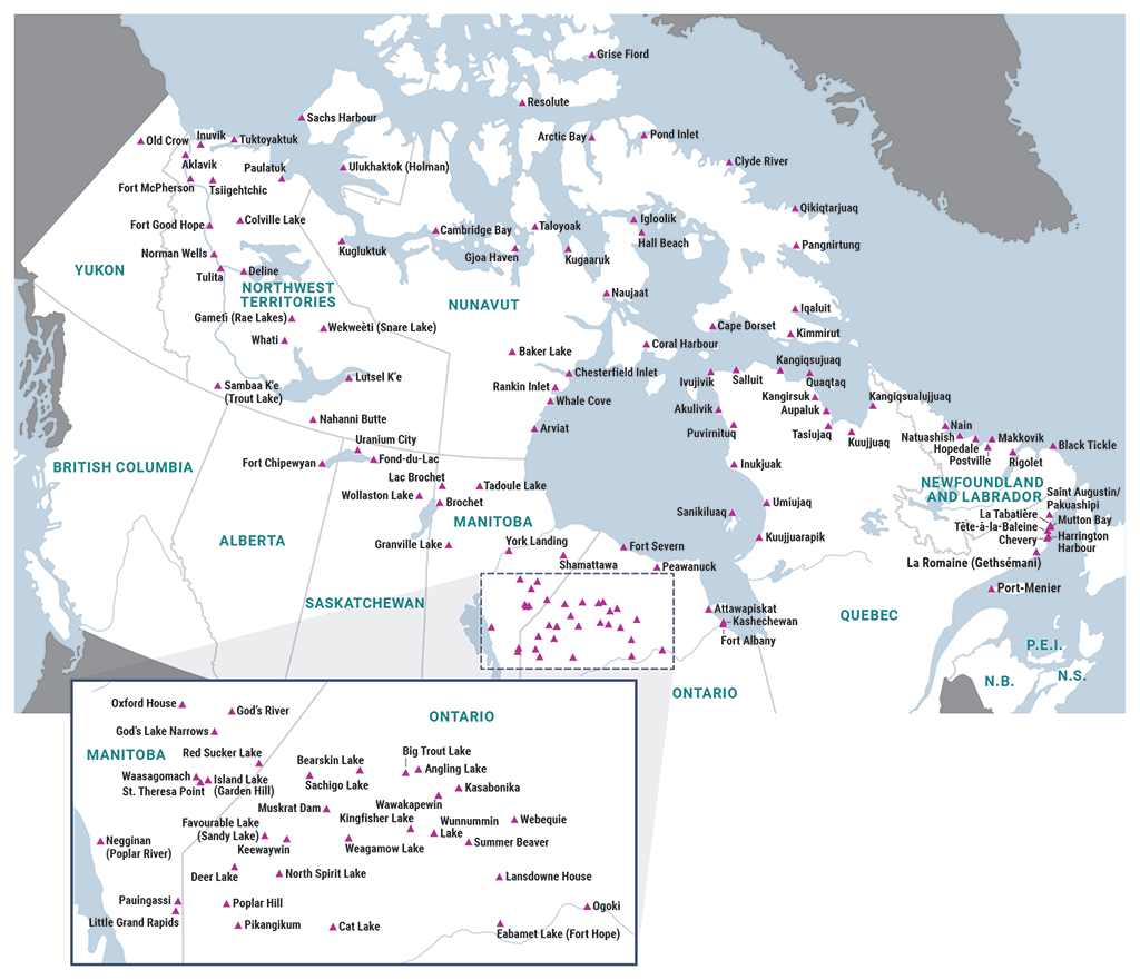 Map of Canada showing the locations of the communities eligible for Nutrition North Canada