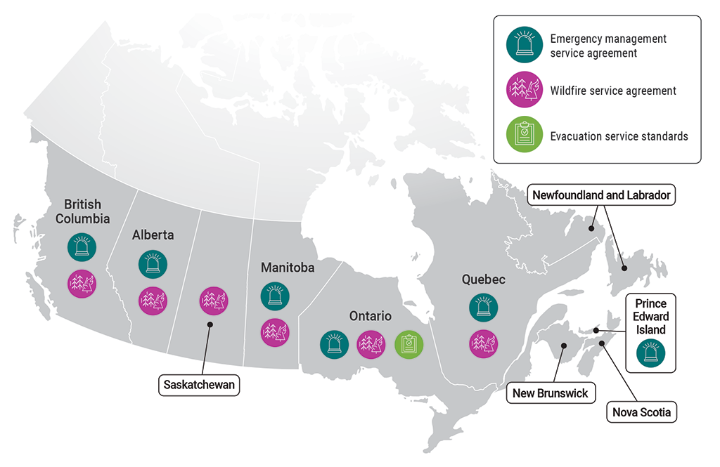 Map of Canada showing in which provinces Indigenous Services Canada established emergency management agreements and standards