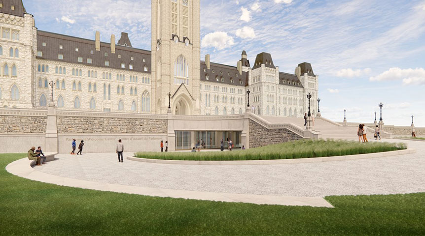 Conceptual drawing of the exterior of the new Parliament Welcome Centre